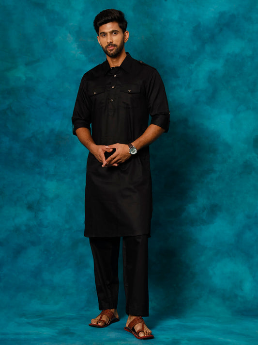 Vastramay Men's Black Cotton Pathani Suit Set