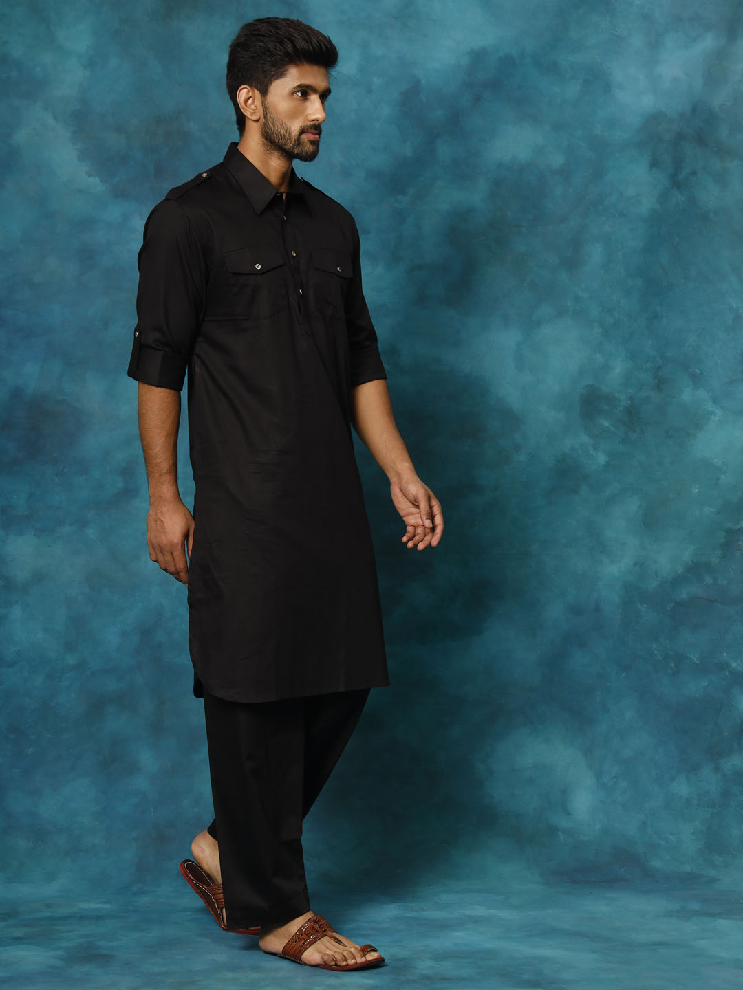 Vastramay Men's Black Cotton Pathani Suit Set