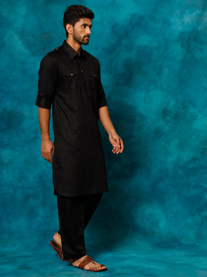 Vastramay Men's Black Cotton Pathani Suit Set