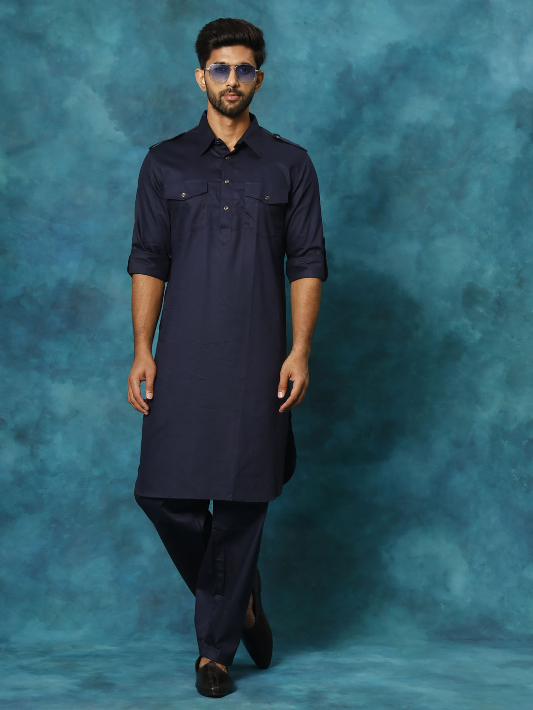 Vastramay Men's Blue Cotton Pathani Suit Set