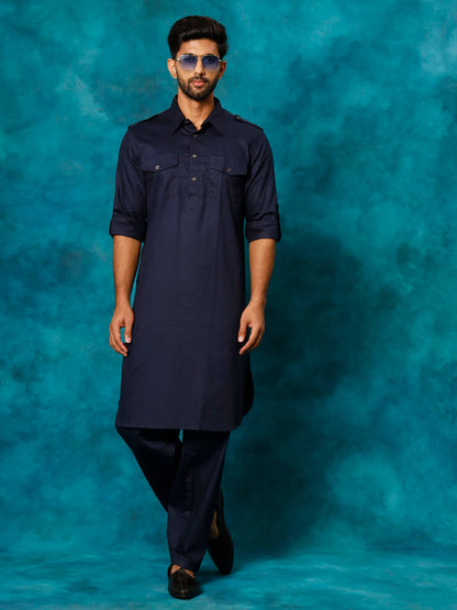 Vastramay Men's Blue Cotton Pathani Suit Set