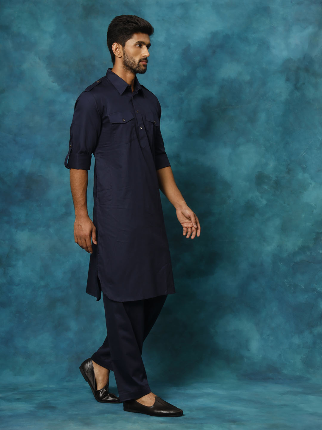 Vastramay Men's Blue Cotton Pathani Suit Set