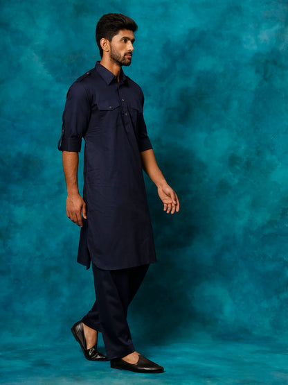 Vastramay Men's Blue Cotton Pathani Suit Set