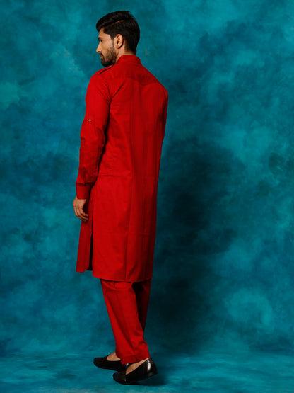 Men's Maroon Cotton Pathani Suit Set