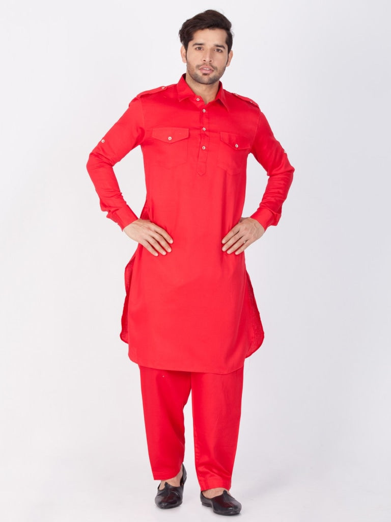 Vastramay Men's Red Pathani Suit Set