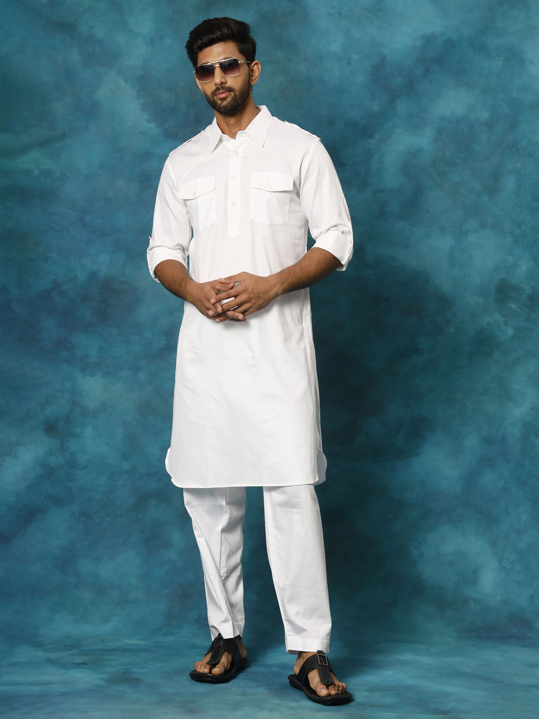 Vastramay Men's White Pathani Suit Set