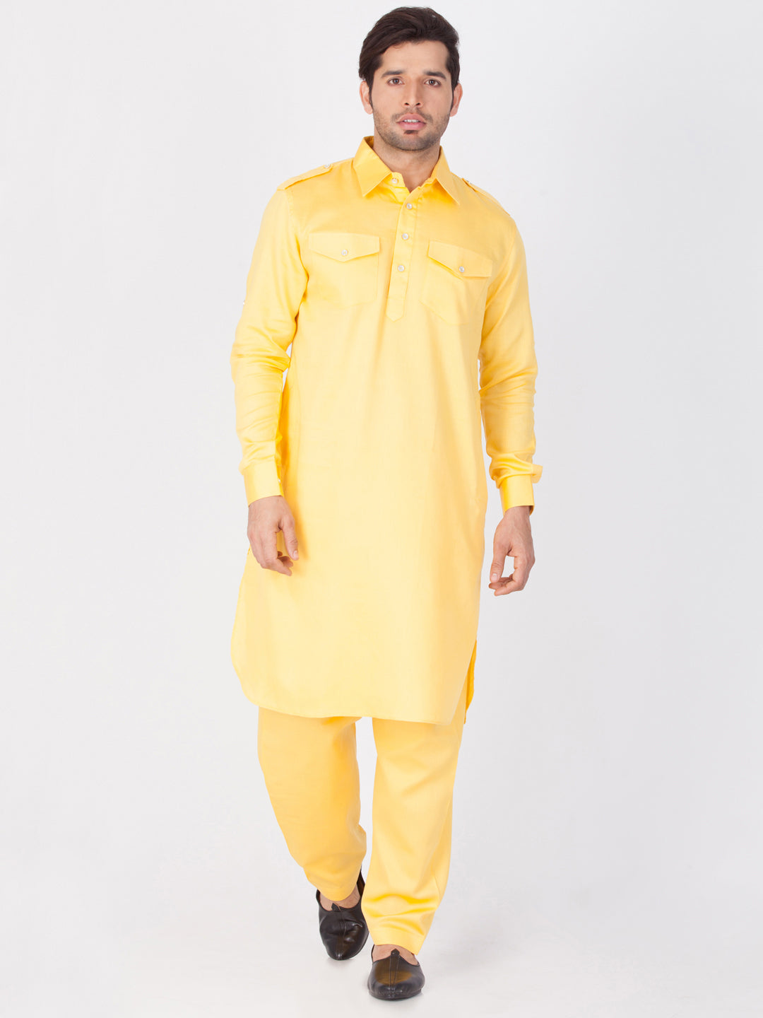 Vastramay Men's Yellow Cotton Pathani Suit Set