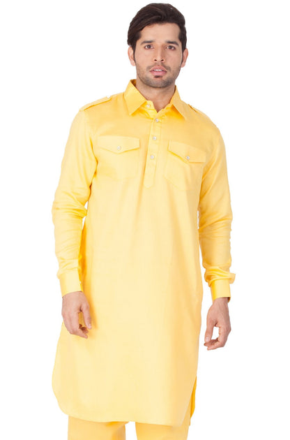 mens yellow cotton pathani suit set1419