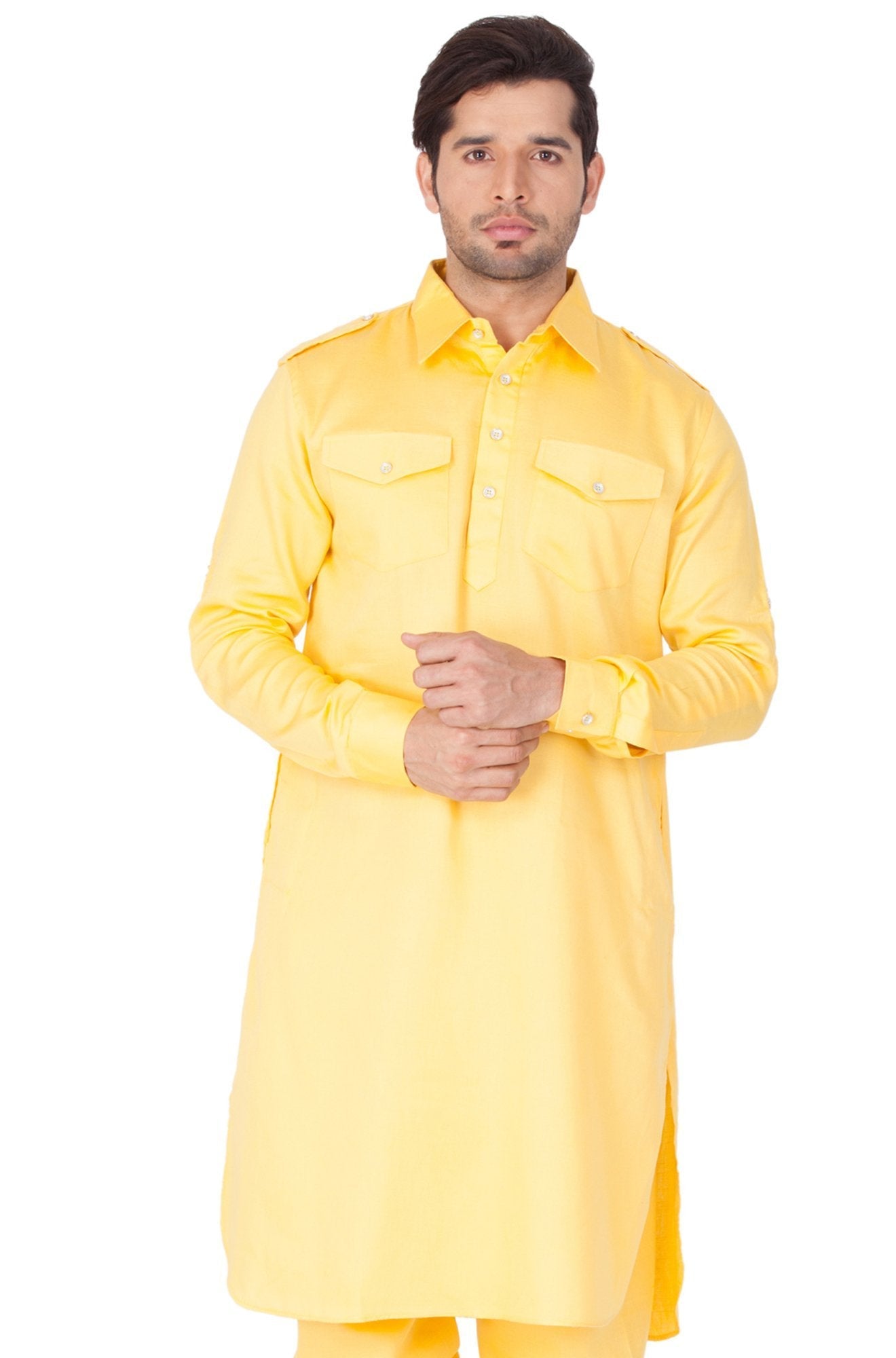 mens yellow cotton pathani suit set1419