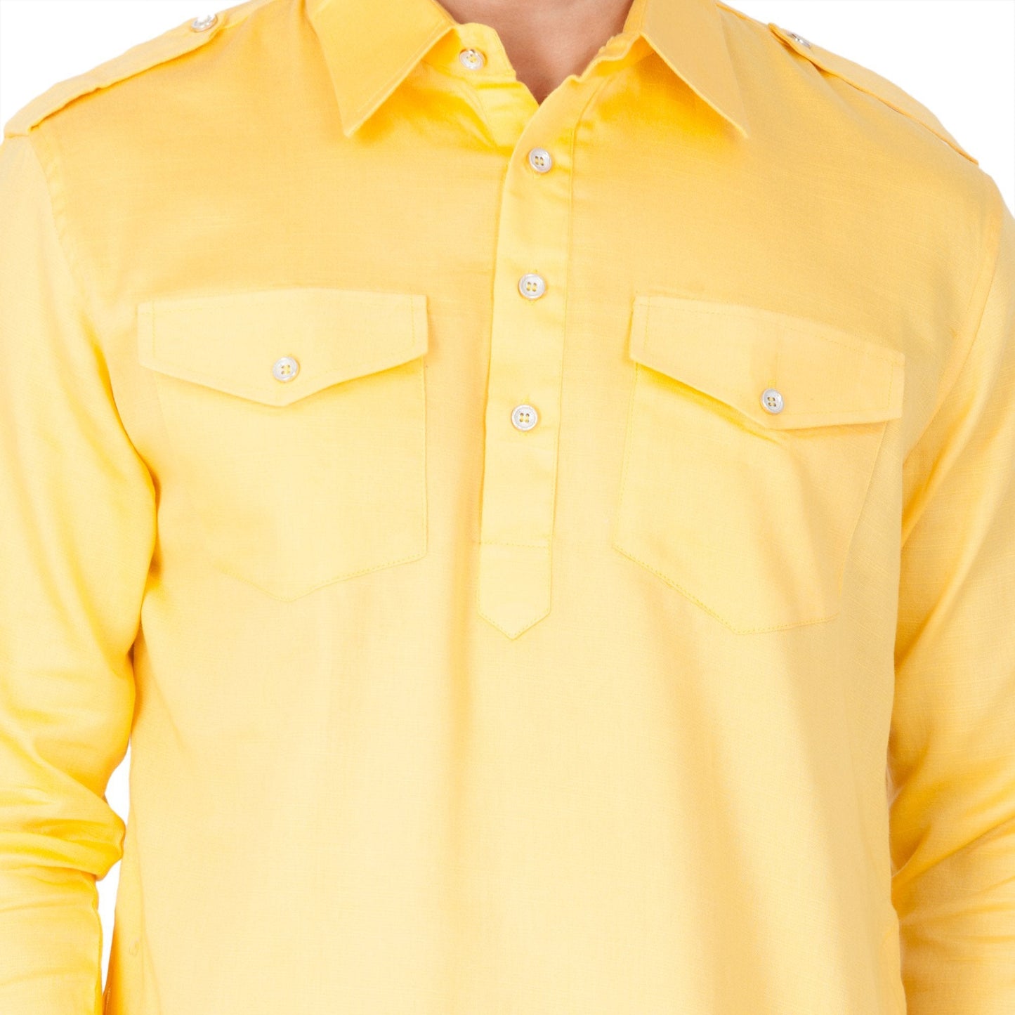 mens yellow cotton pathani suit set1419