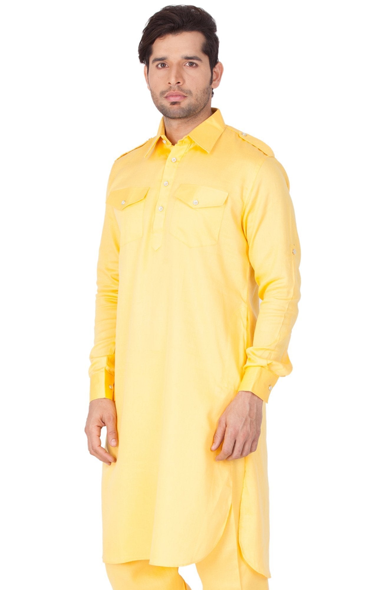 mens yellow cotton pathani suit set1419