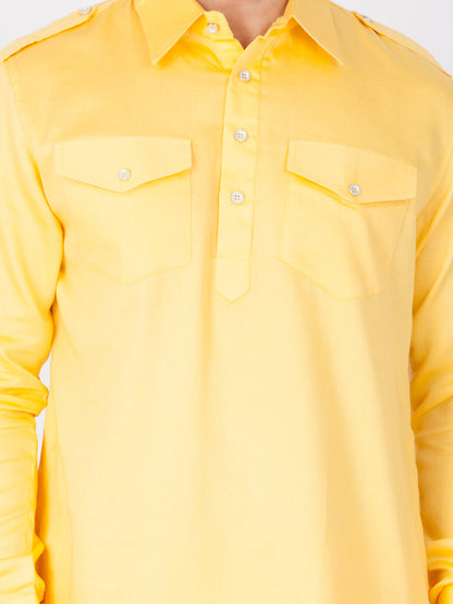 Vastramay Men's Yellow Cotton Pathani Suit Set