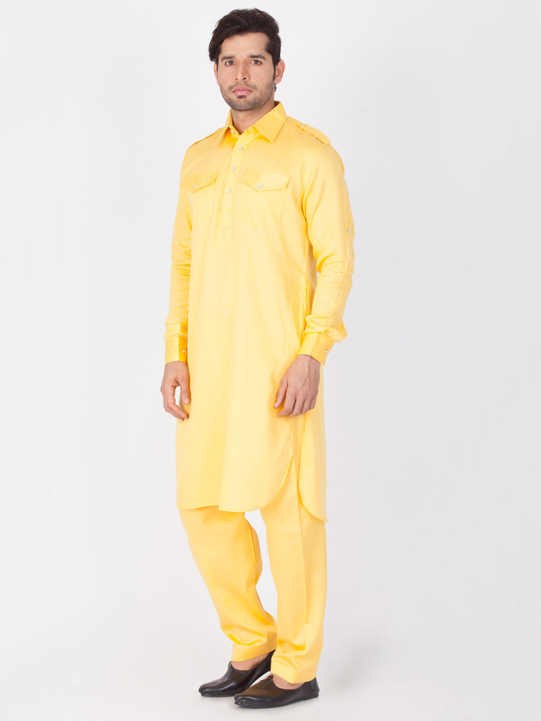 Vastramay Men's Yellow Cotton Pathani Suit Set