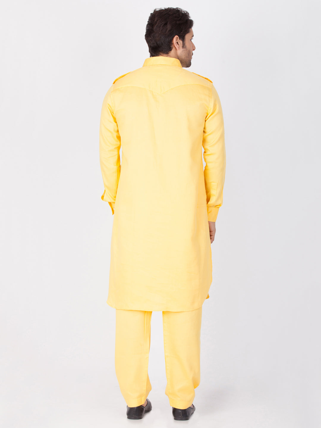 Vastramay Men's Yellow Cotton Pathani Suit Set