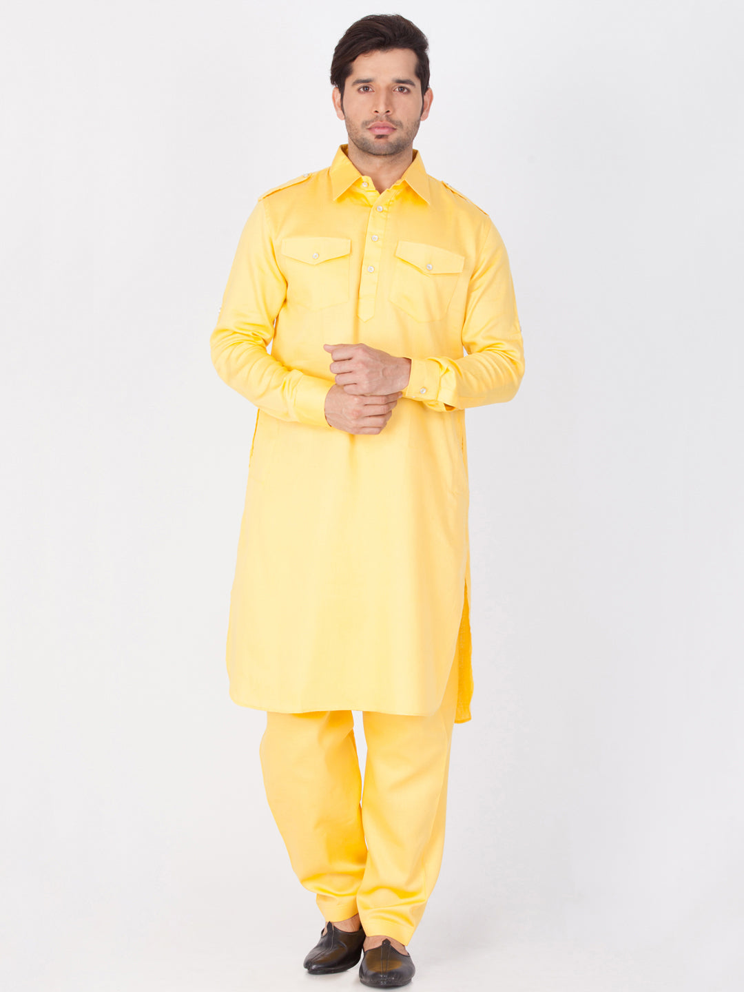 Vastramay Men's Yellow Cotton Pathani Suit Set