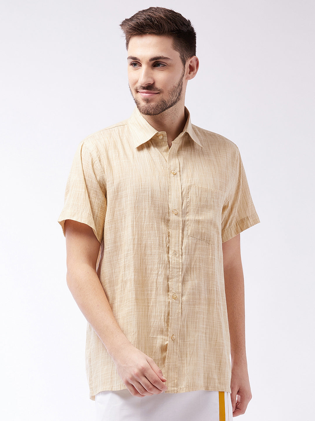 Vastramay  Men's Beige Cotton Blend Ethnic Shirt