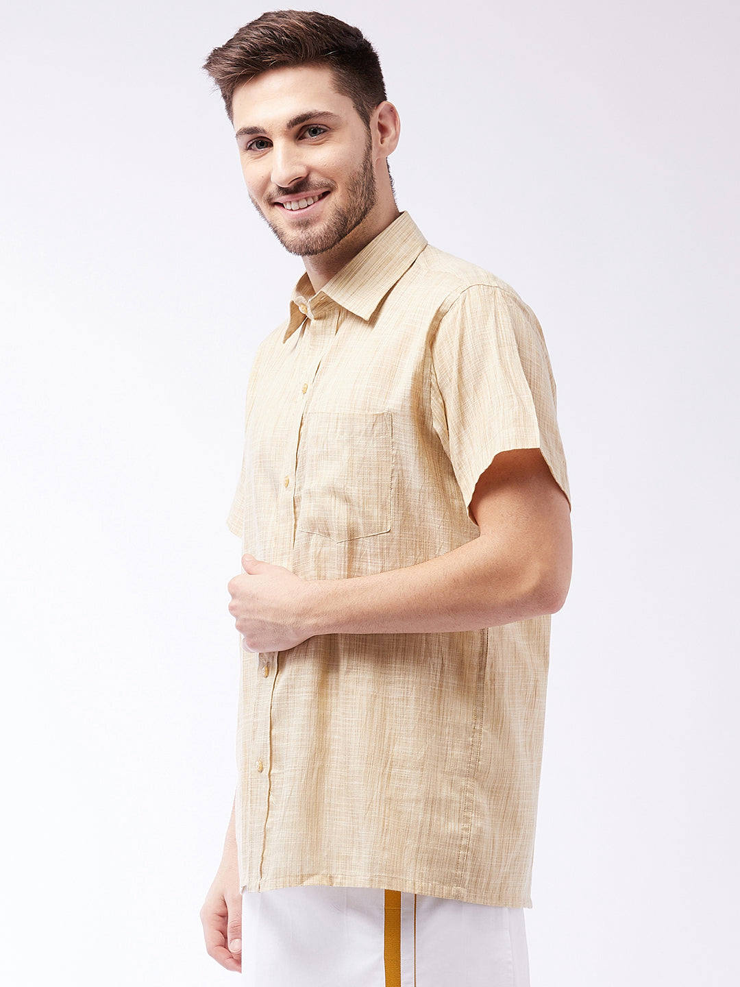 Vastramay  Men's Beige Cotton Blend Ethnic Shirt