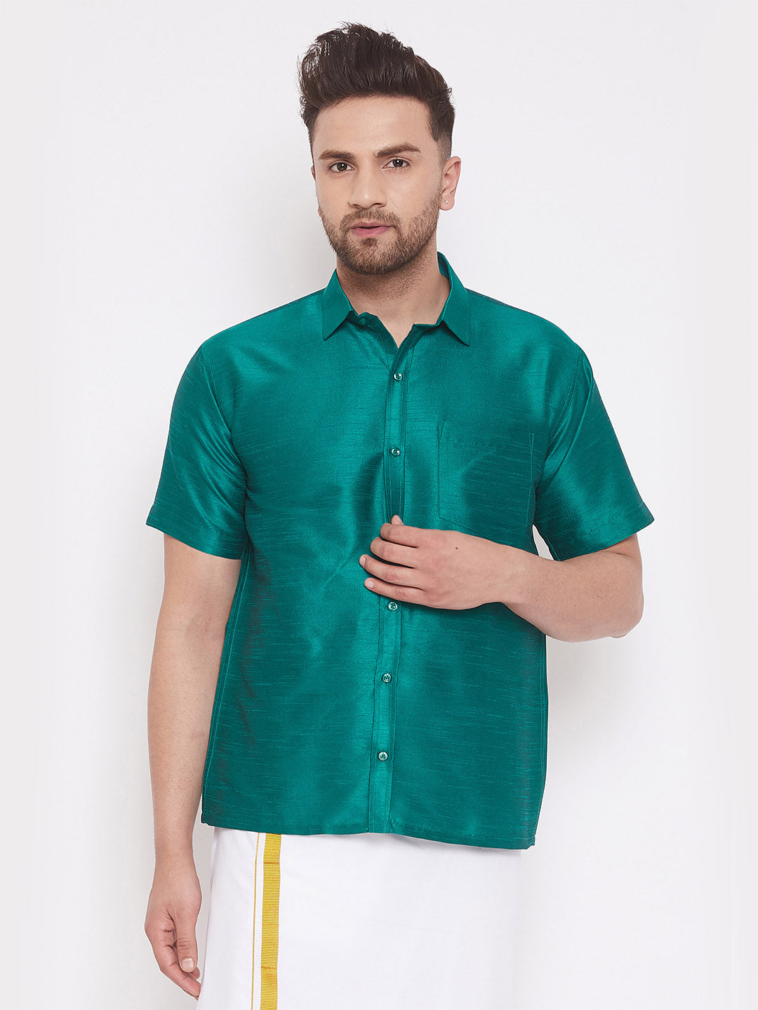 Vastramay Vastramay Men's Green Silk Blend Ethnic Shirt