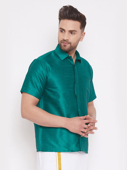 Vastramay Men's Green Silk Blend Ethnic Shirt