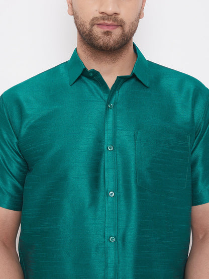 Vastramay Men's Green Silk Blend Ethnic Shirt