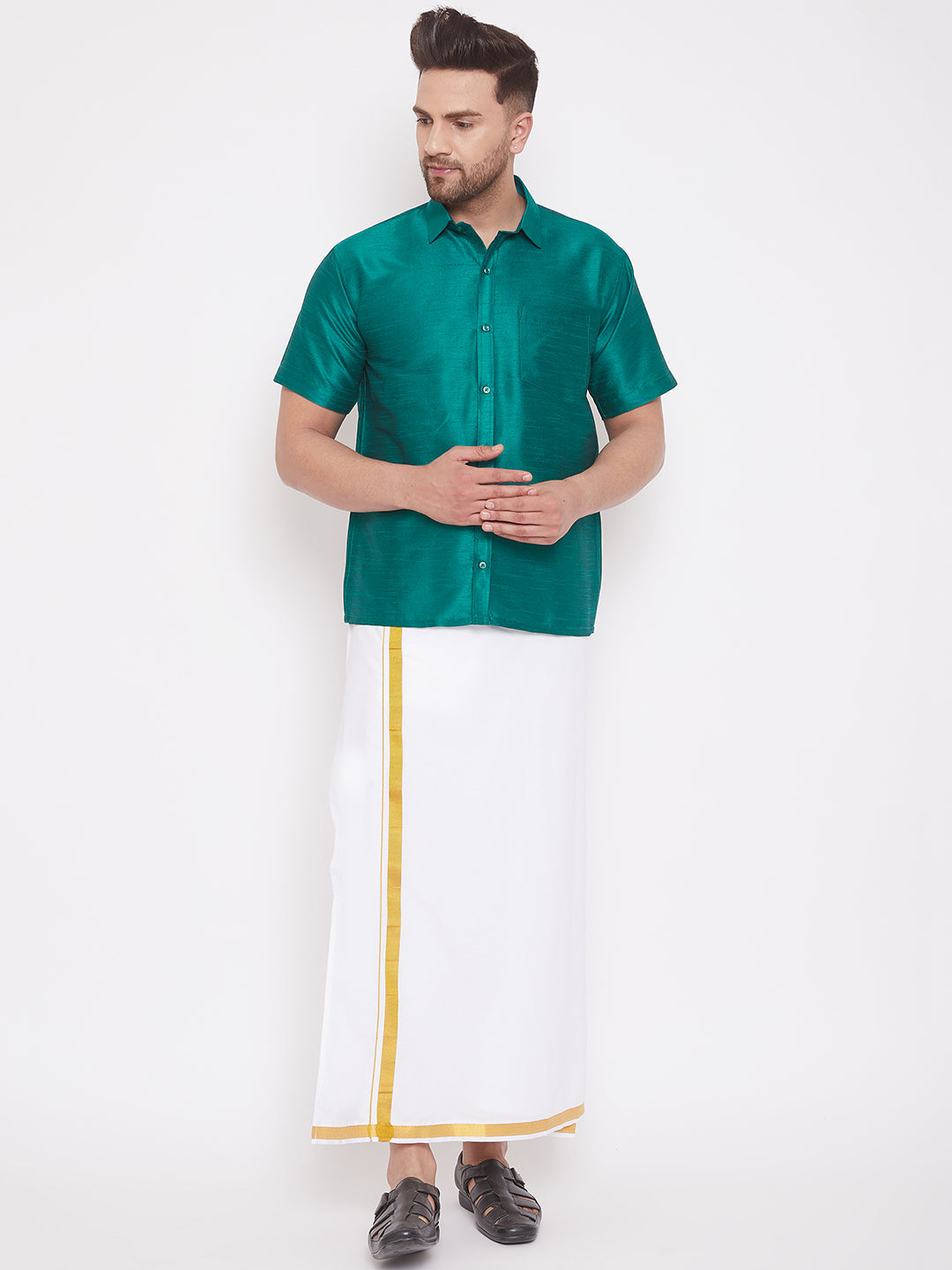 Vastramay Men's Green Silk Blend Ethnic Shirt