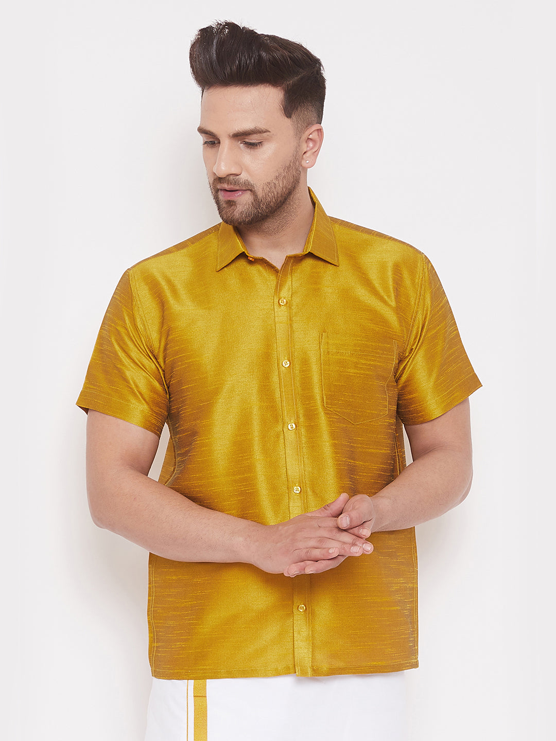 Vastramay Vastramay Men's Mustard Silk Blend Ethnic Shirt