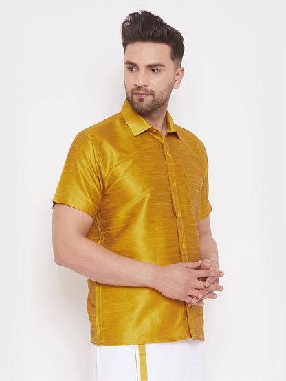 Vastramay Men's Mustard Silk Blend Ethnic Shirt