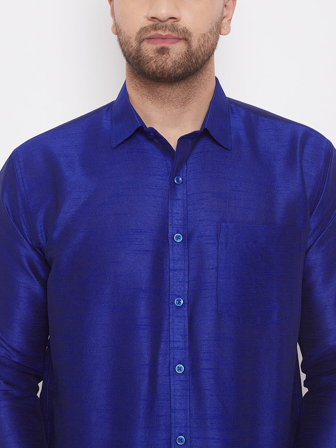 Vastramay Men's Blue Silk Blend Ethnic Shirt