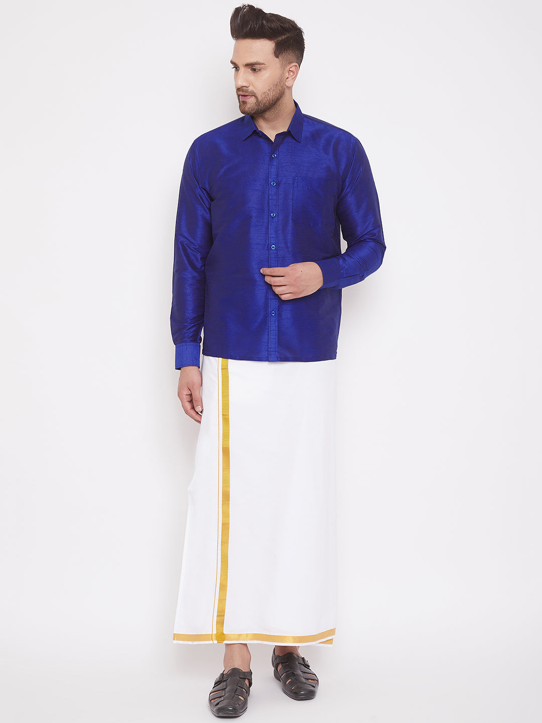 Vastramay Men's Blue Silk Blend Ethnic Shirt