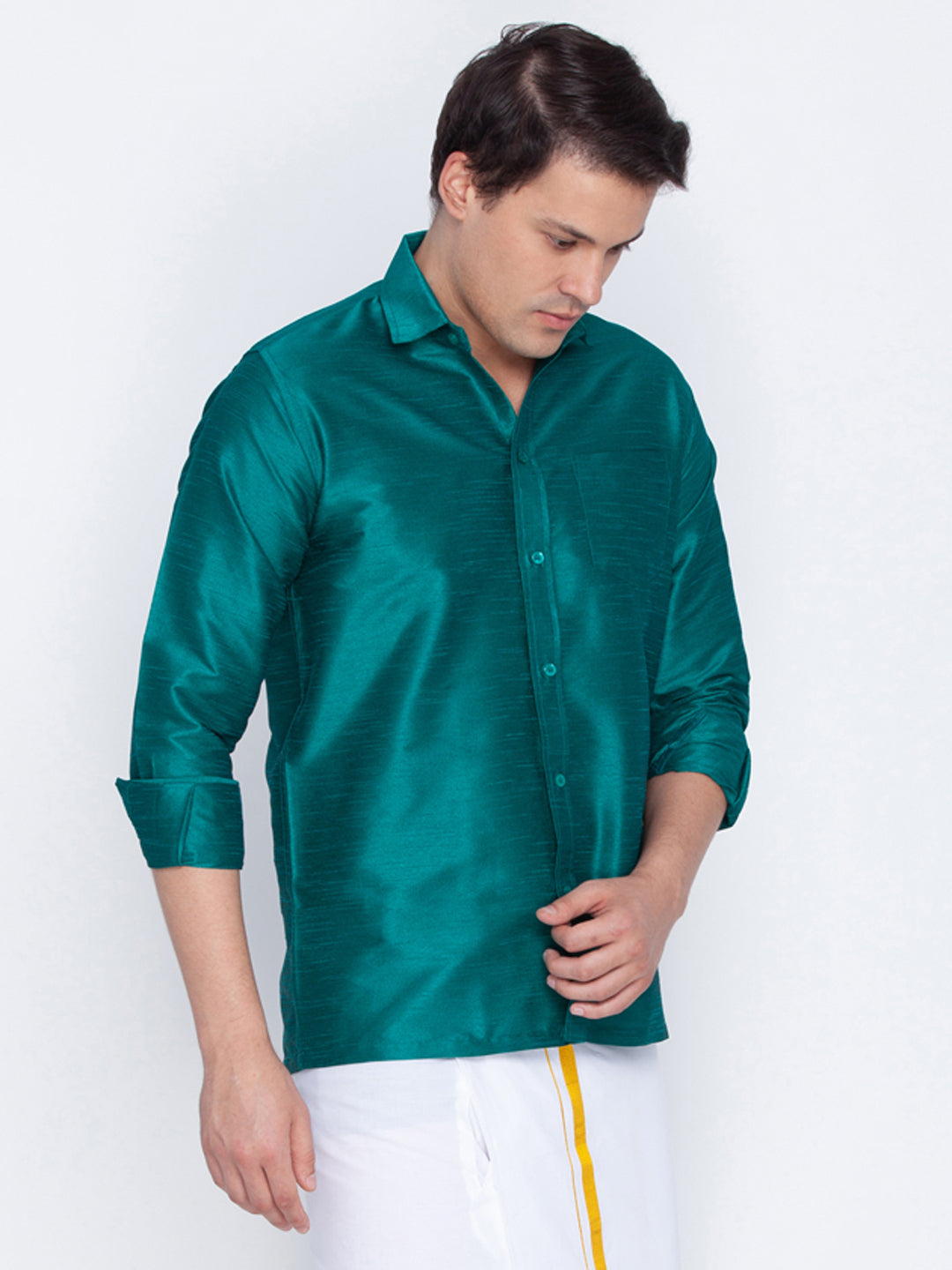 Vastramay Men's Green Silk Blend Ethnic Shirt