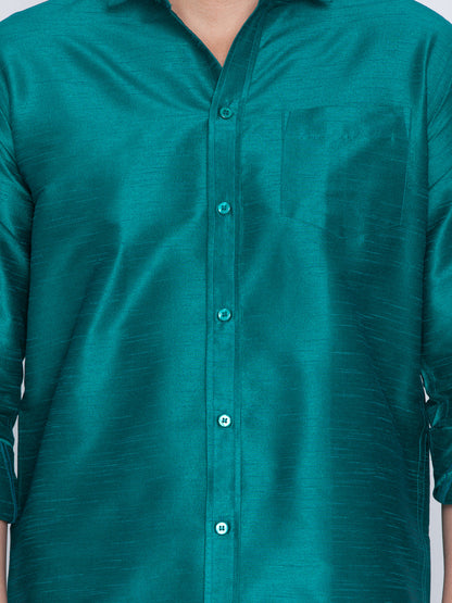 Vastramay Men's Green Silk Blend Ethnic Shirt