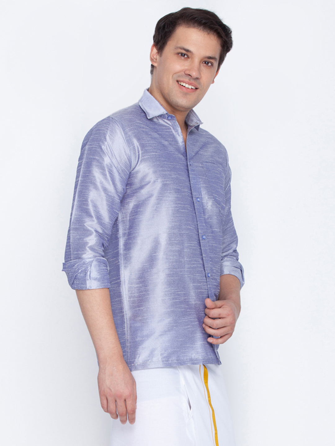 Vastramay Men's Light Blue Silk Blend Ethnic Shirt