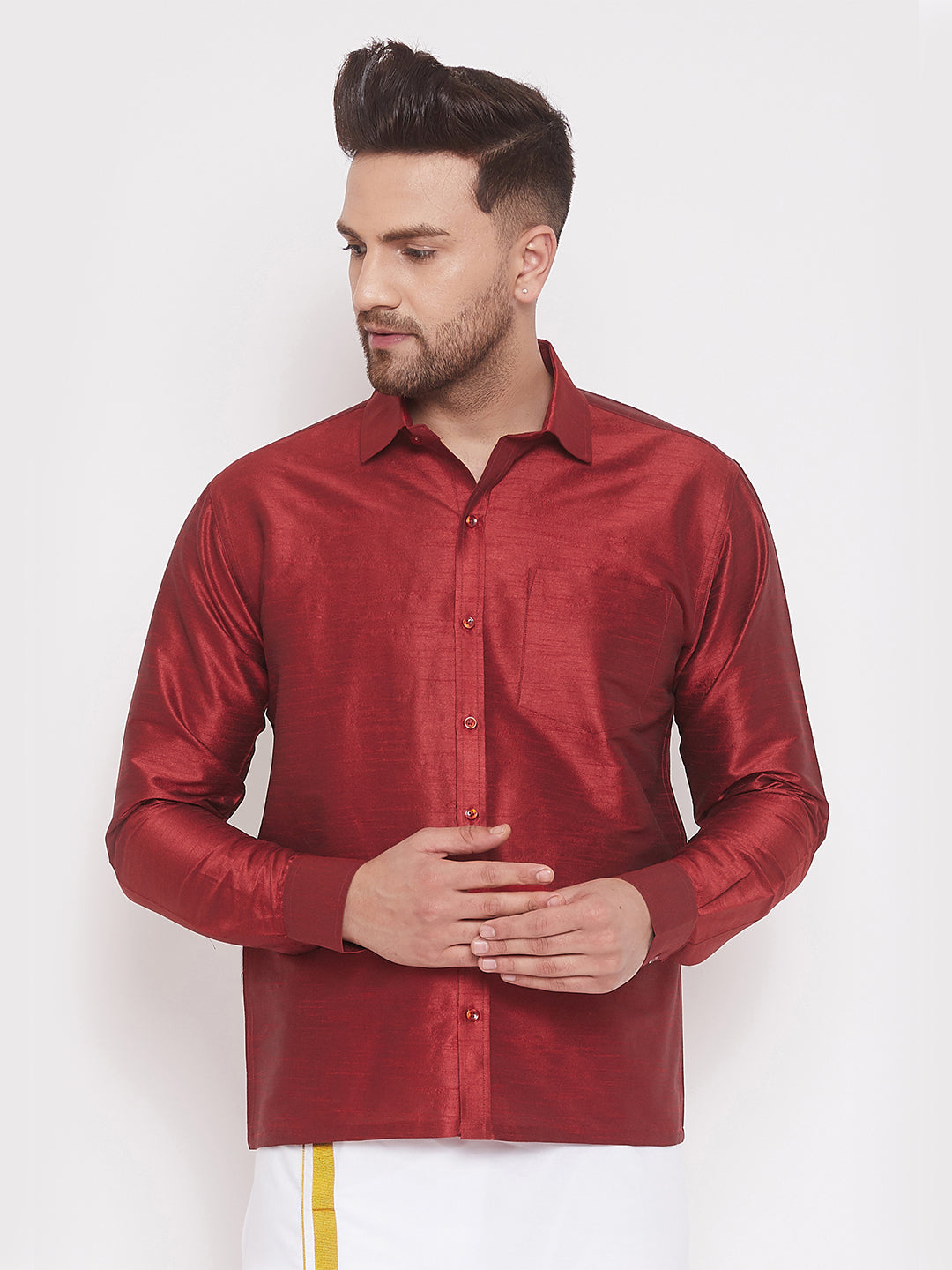 Vastramay Vastramay Men's Maroon Silk Blend Ethnic Shirt