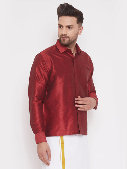 Vastramay Men's Maroon Silk Blend Ethnic Shirt