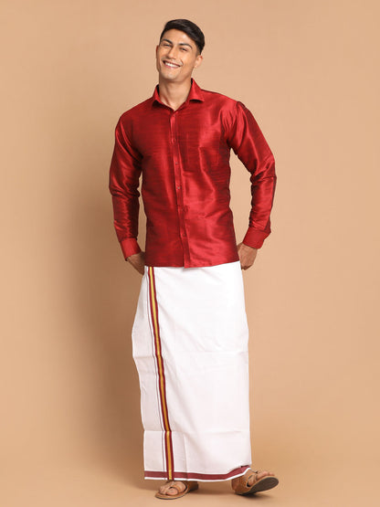 Vastramay Men's Maroon Silk Blend Shirt And Mundu Set