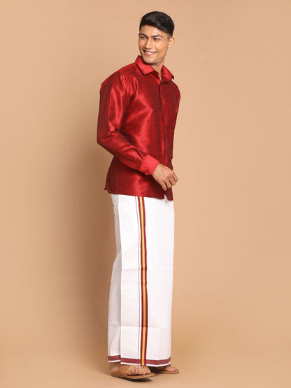 Vastramay Men's Maroon Silk Blend Shirt And Mundu Set