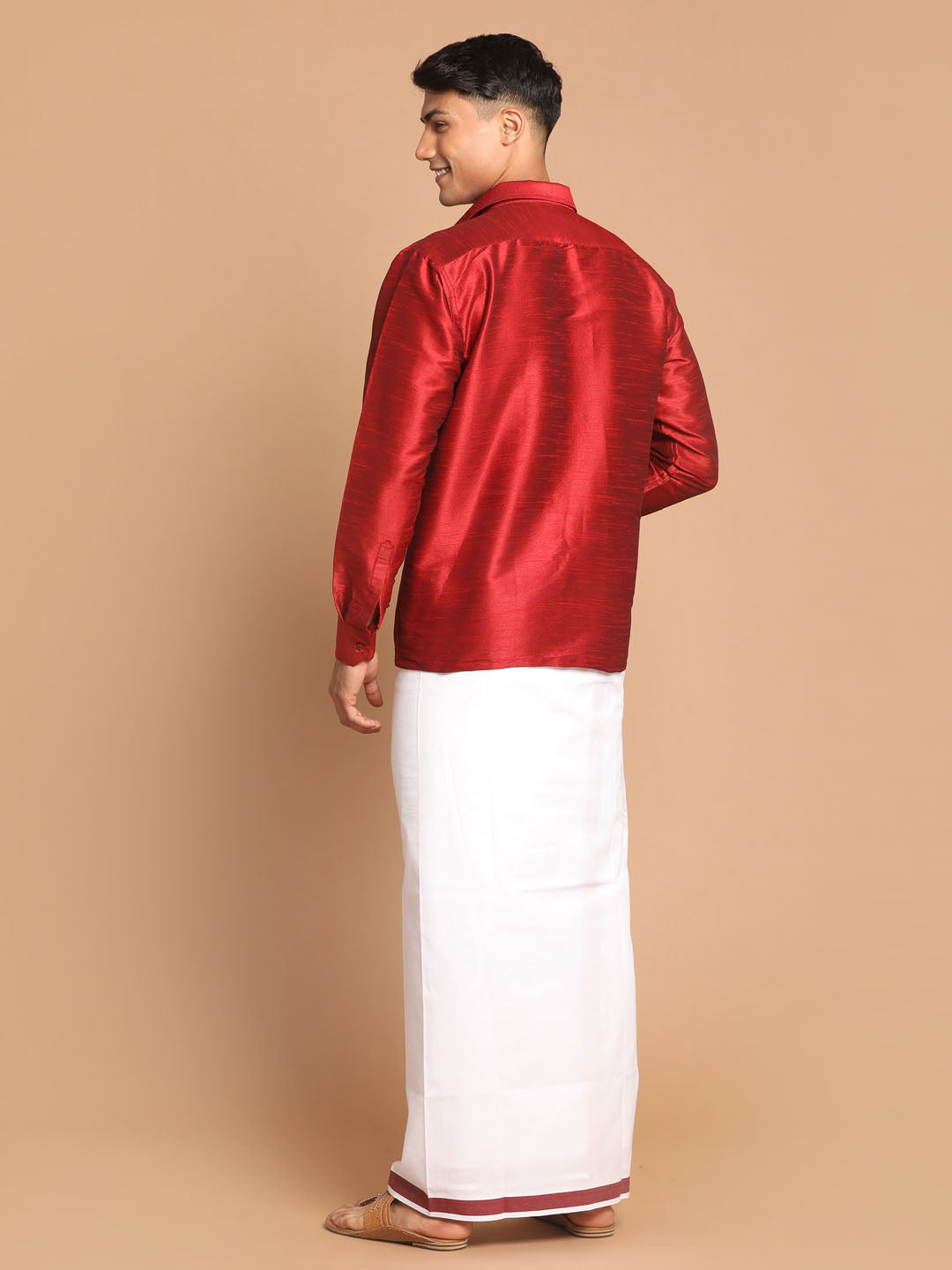 Vastramay Men's Maroon Silk Blend Shirt And Mundu Set