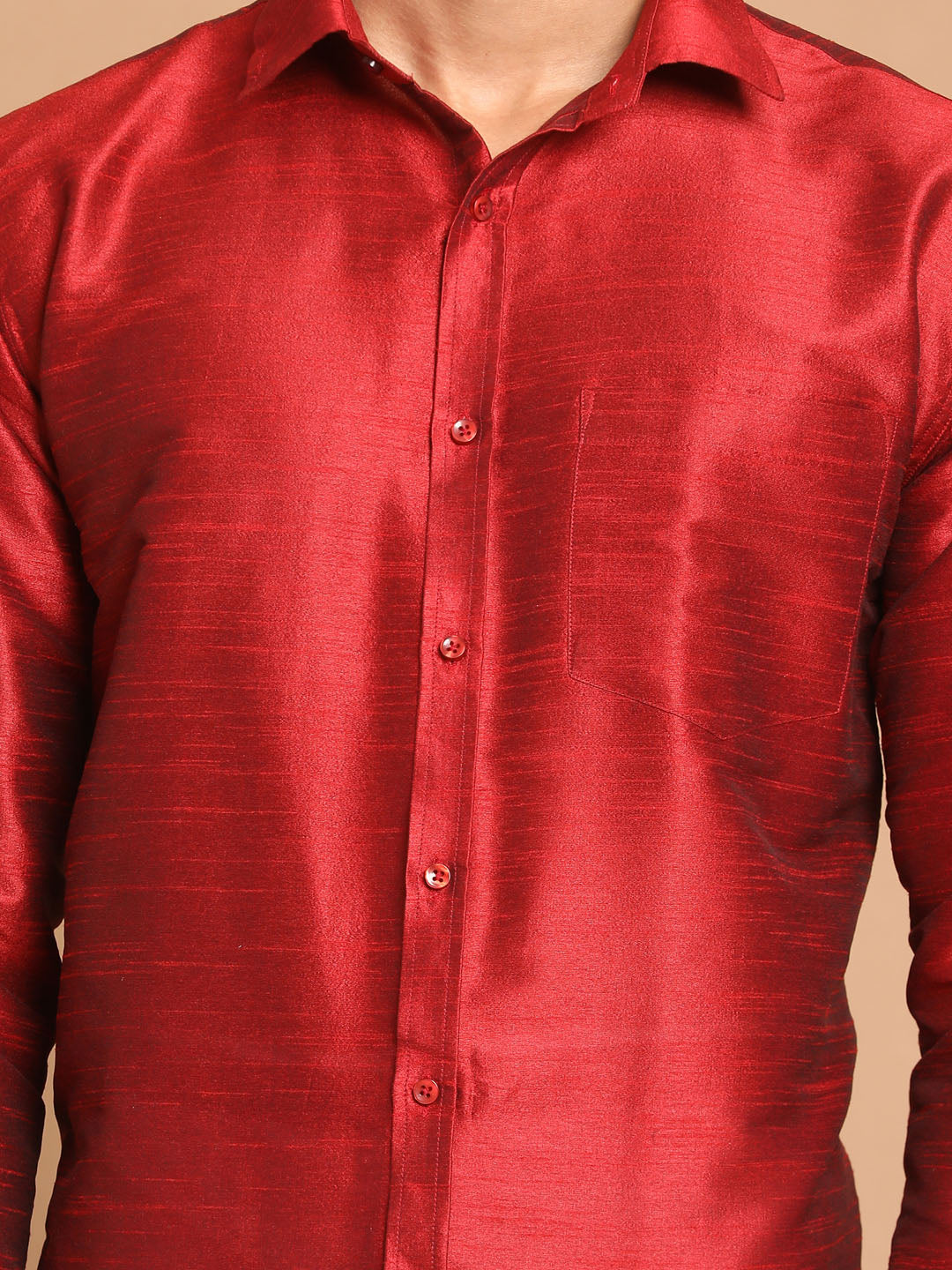 Vastramay Men's Maroon Silk Blend Shirt And Mundu Set