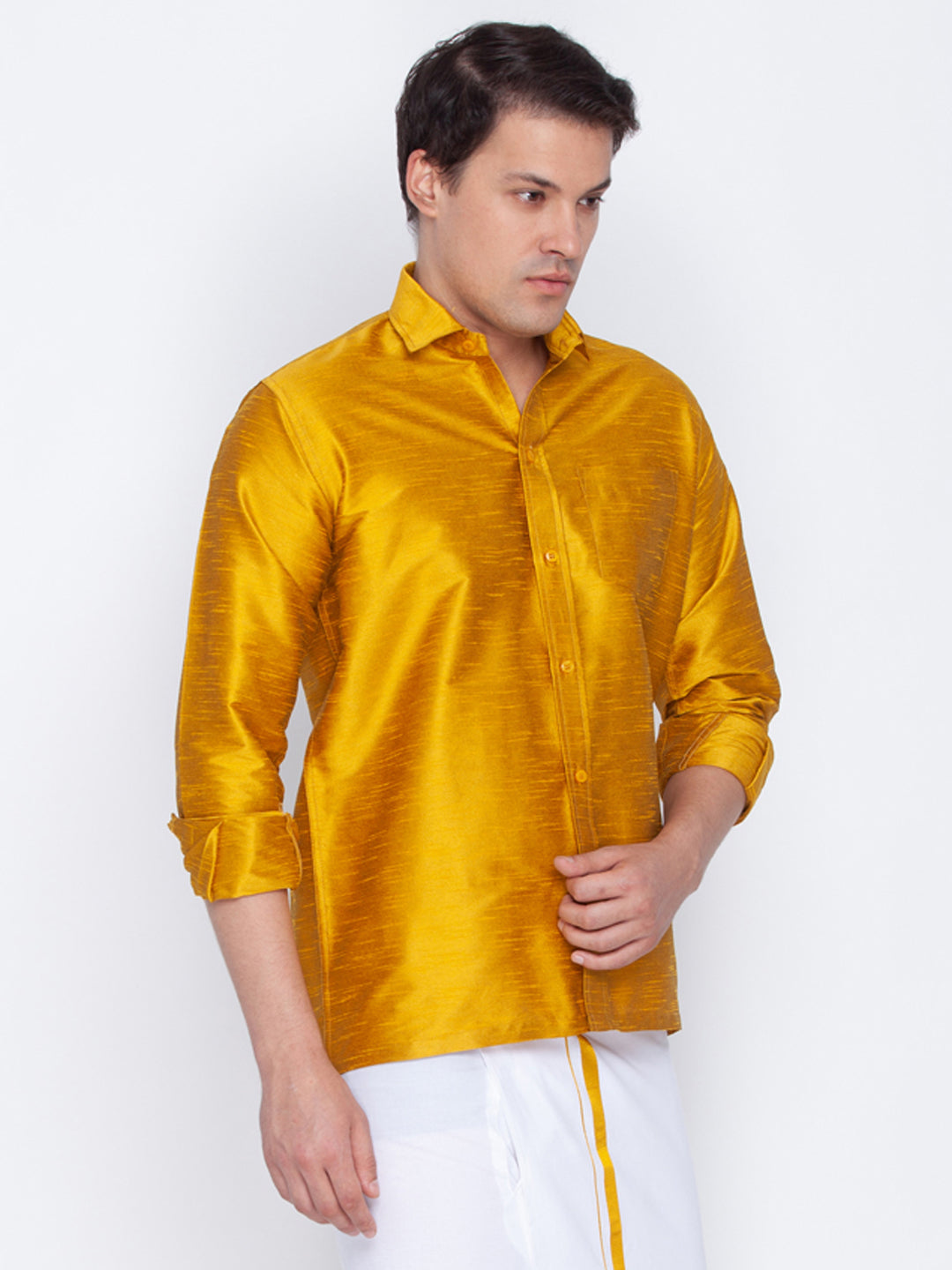 Vastramay Men's Mustard Silk Blend Ethnic Shirt