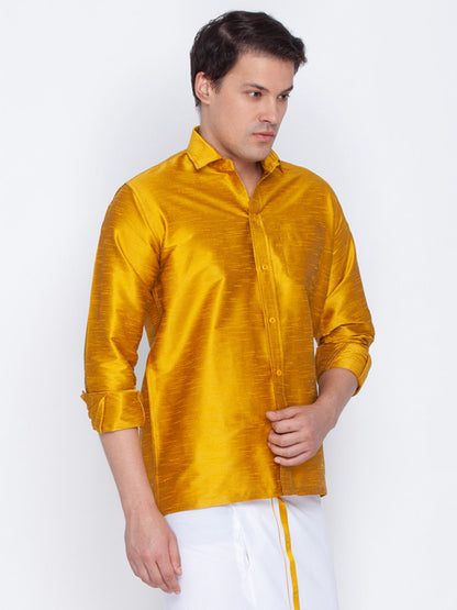 Vastramay Men's Mustard Silk Blend Ethnic Shirt