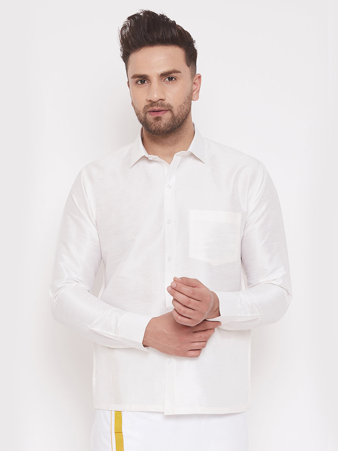 Vastramay Vastramay Men's White Silk Blend Ethnic Shirt