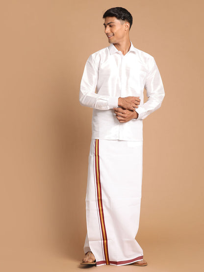 Vastramay Men's White Silk Blend Shirt And Mundu Set