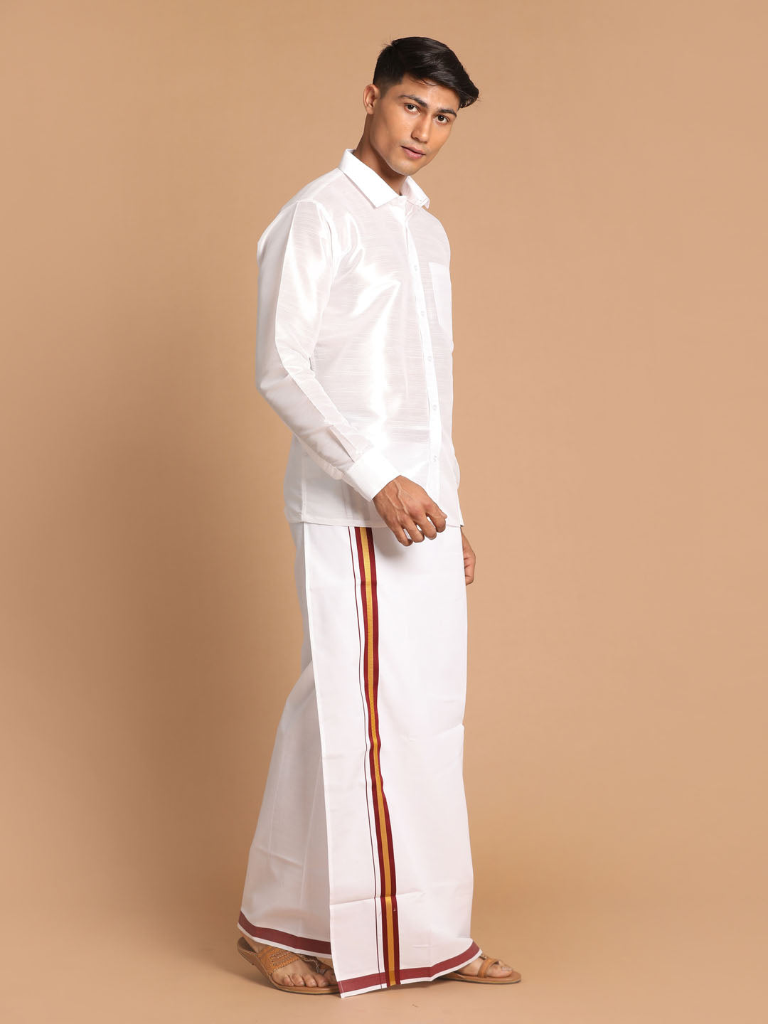 Vastramay Men's White Silk Blend Shirt And Mundu Set