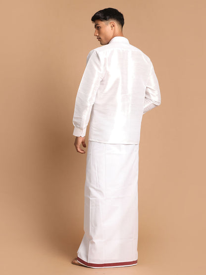 Vastramay Men's White Silk Blend Shirt And Mundu Set