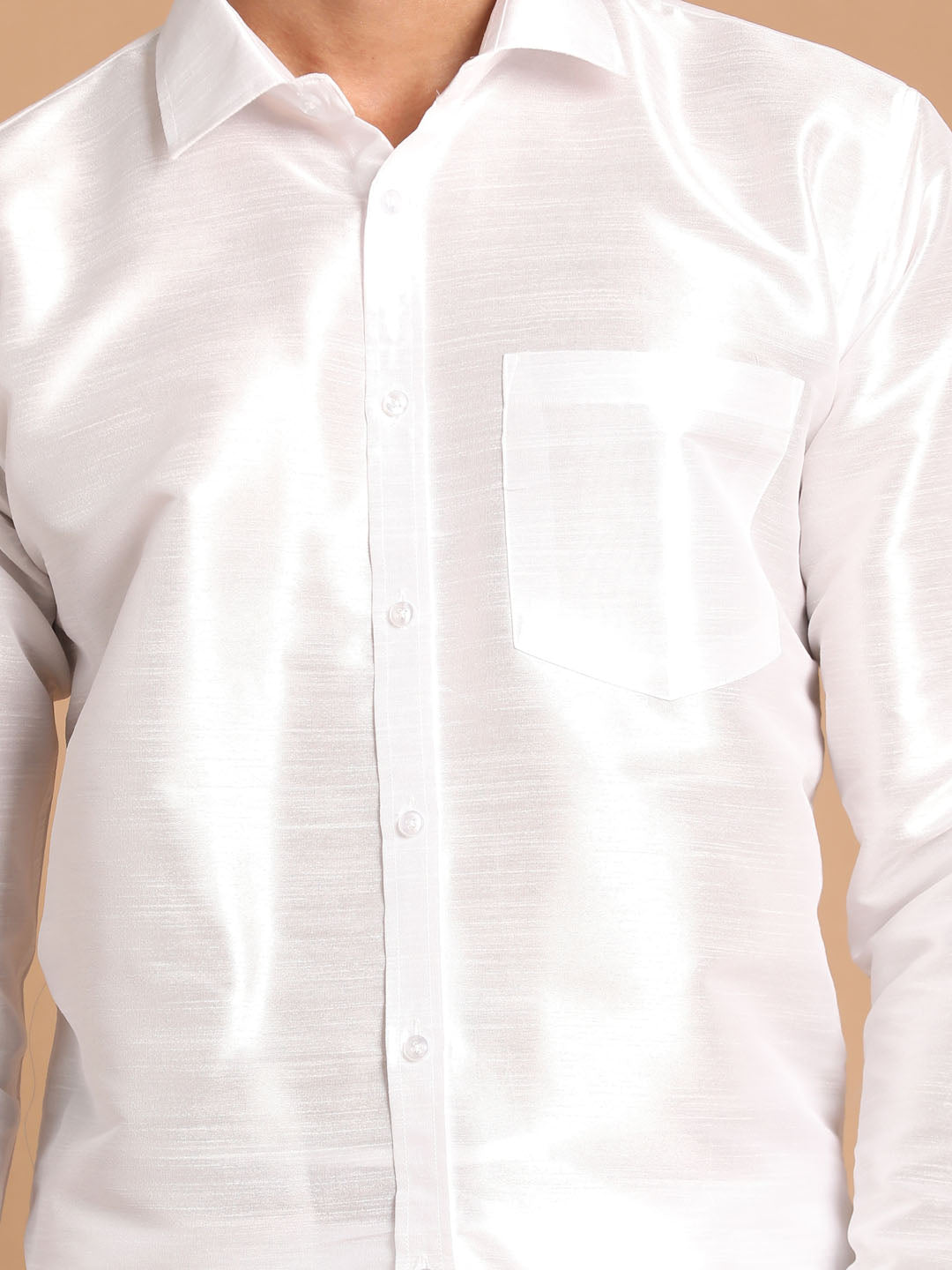 Vastramay Men's White Silk Blend Shirt And Mundu Set