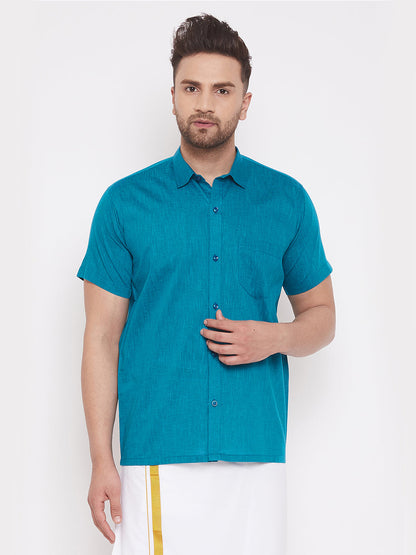 Vastramay Turquoise Cotton Blend Baap Beta Ethnic Shirt