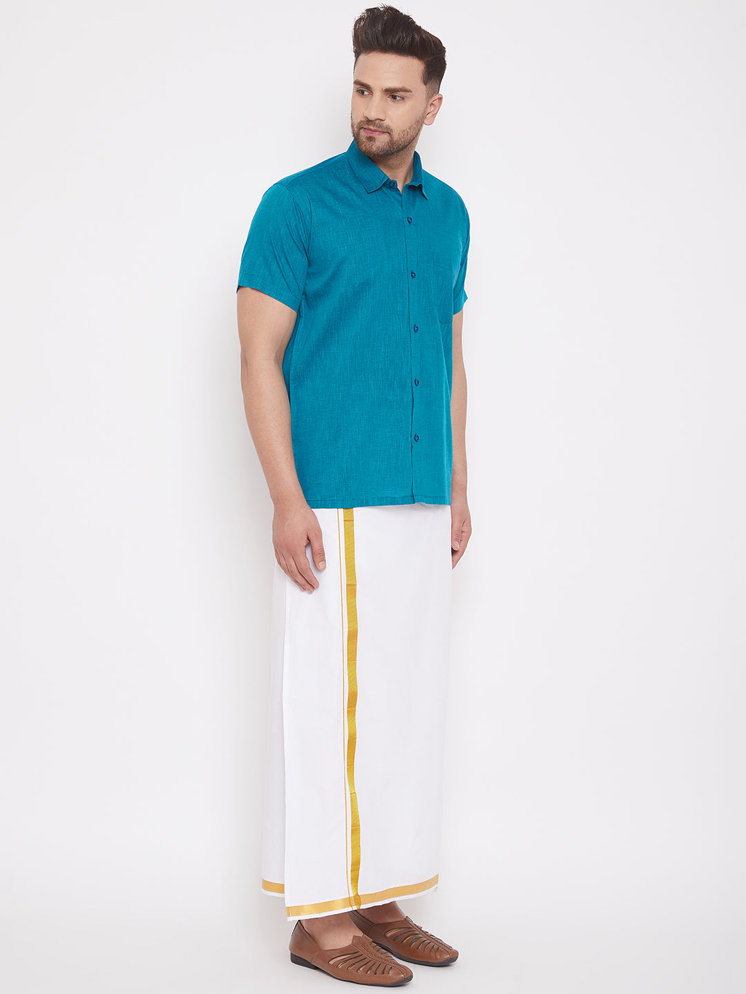 Vastramay Turquoise and White Cotton Blend Baap Beta Ethnic Shirt And Mundu Set