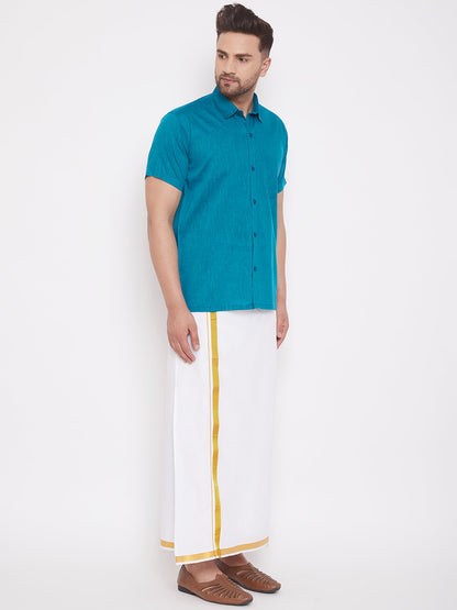 Vastramay Turquoise and White Cotton Blend Baap Beta Ethnic Shirt And Mundu Set