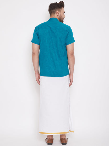 Vastramay Turquoise and White Cotton Blend Baap Beta Ethnic Shirt And Mundu Set