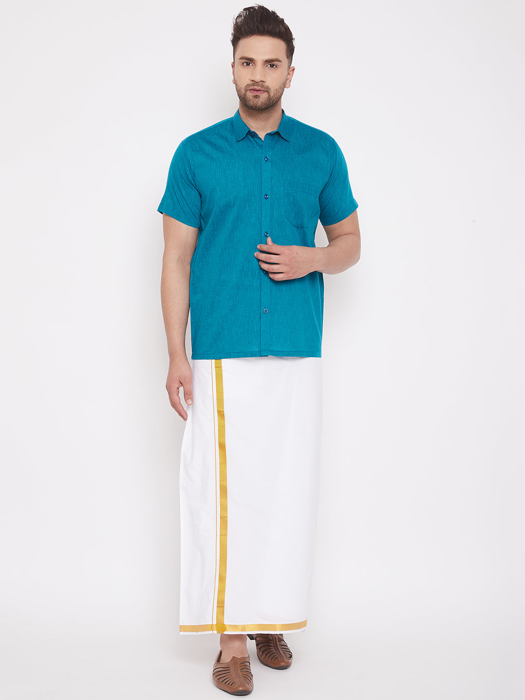 Vastramay Turquoise and White Cotton Blend Baap Beta Ethnic Shirt And Mundu Set